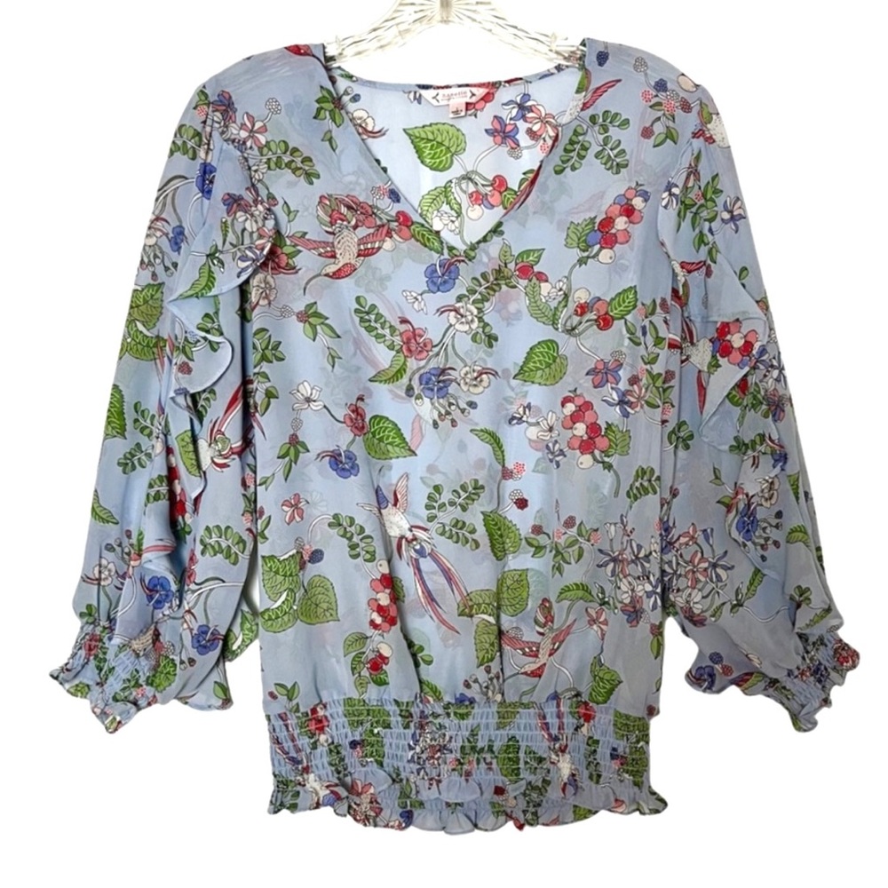 Nanette Nanette Lepore Floral Hummingbird Top with Ruffle Sleeves